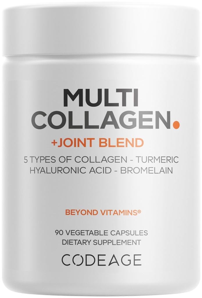 Codeage Multi Collagène Protéine + supplément de mélange articulaire, acide hyaluronique, bromélaine, curcuma, gingembre, boswellie, astaxanthine - collagène bovin hydrolysé - 5 types de collagène - non-OGM - 90 capsules