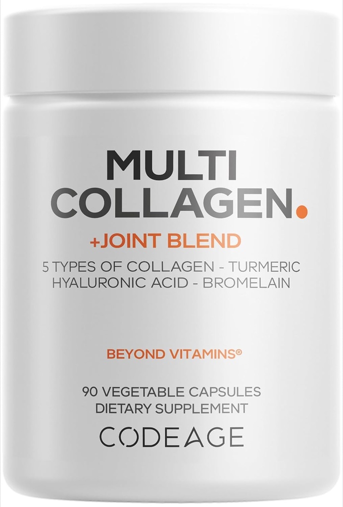 Codeage Multi Collagène Protéine + supplément de mélange articulaire, acide hyaluronique, bromélaine, curcuma, gingembre, boswellie, astaxanthine - collagène bovin hydrolysé - 5 types de collagène - non-OGM - 90 capsules