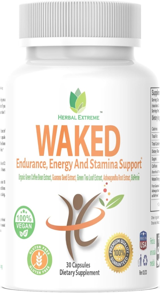 Waked Endurance, Energy And Stamina Support 30 Capsules Organic Green Coffee Bean Extract, Guarana Seed Extract, Green Tea Leaf Extract, Ashwagandha Root Extract, and Black Pepper Extract as BioPerine
