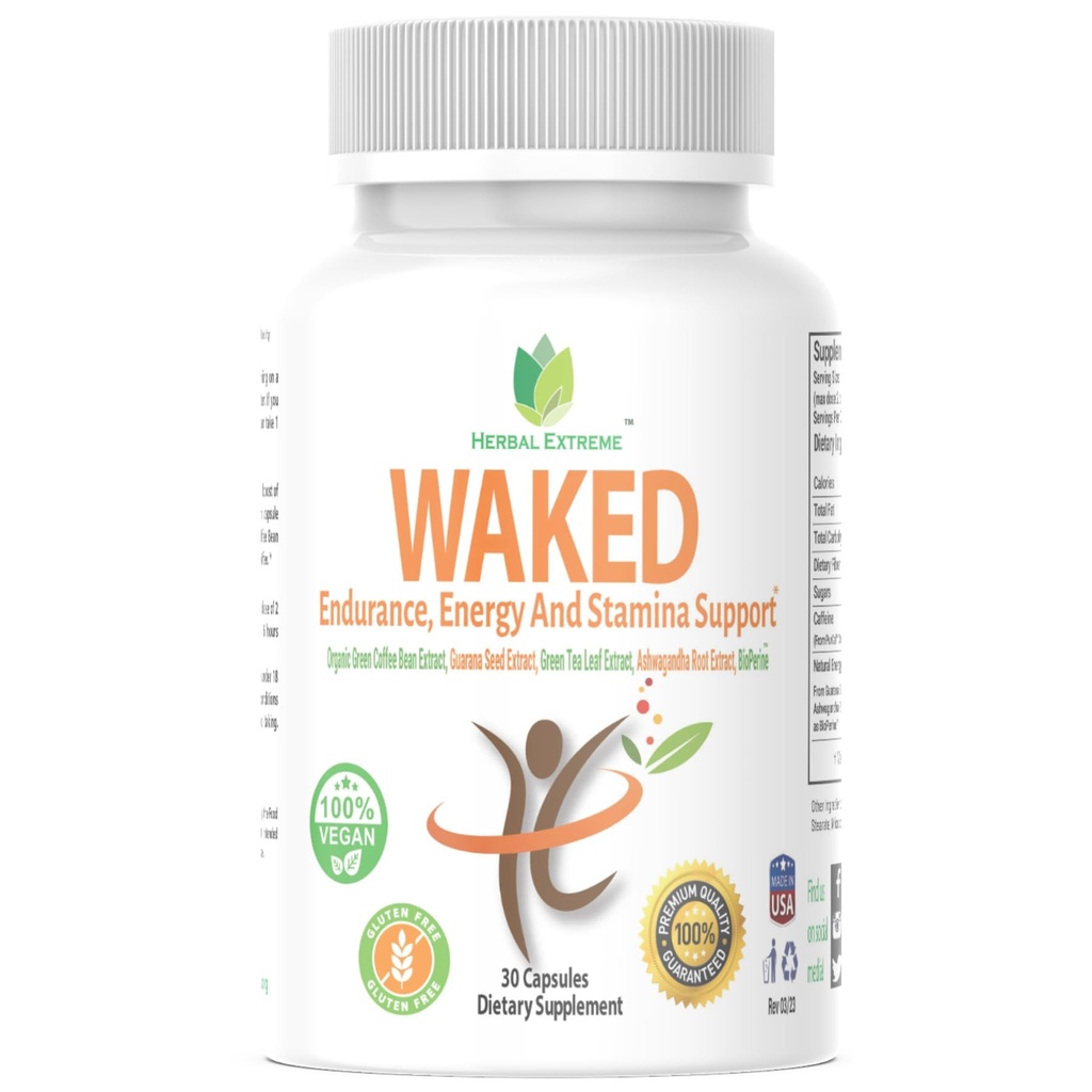 Waked Endurance, Energy and Stamina Support 30 Capsules Extrait de café vert biologique, Extrait de graines de Guarana, Extrait de thé vert, Extrait de racine d'Ashwagandha et Extrait de poivre noir comme BioPerine