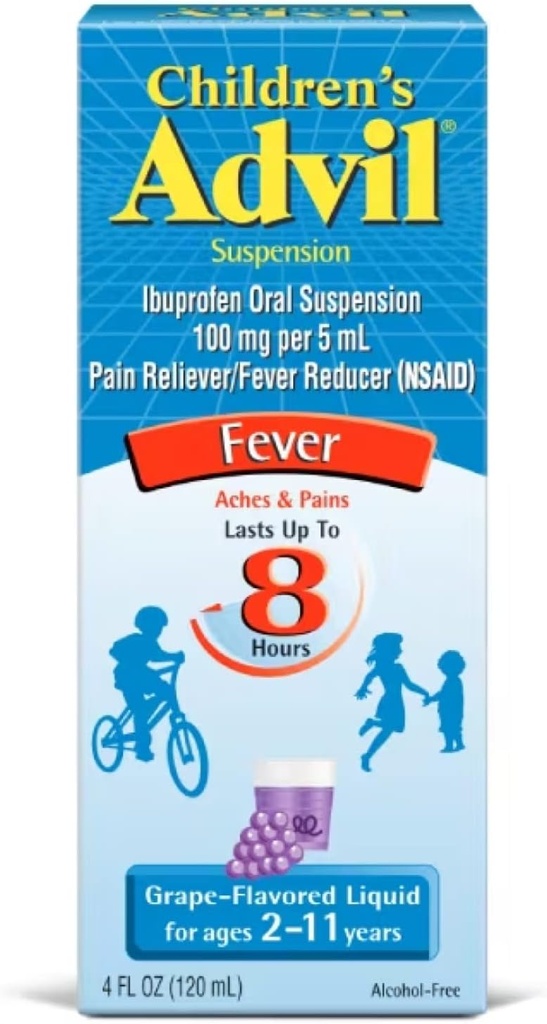 Suspension Advil pour enfants Ibuprofen 100mg Réducteur rapide de douleur et réducteur de fièvre Dernière jusqu'à 8 heures Arôme de raisin liquide pour les âges 2 à 11 ans - 3 Pack de 4 bouteilles FL Oz
