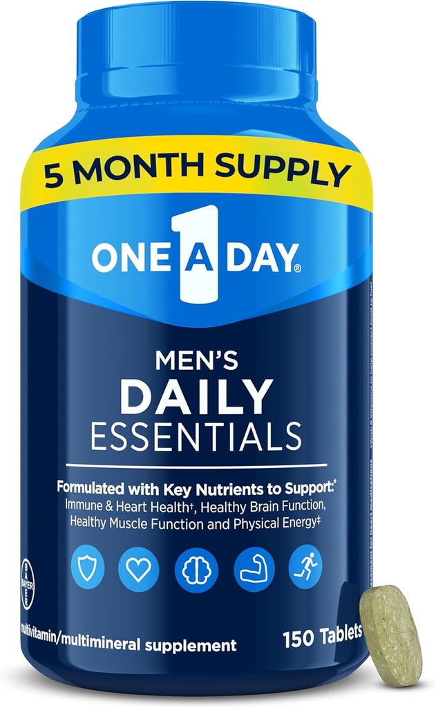 Un jour pour les hommes Multivitamine quotidien Essentiels, Multivitamine pour les hommes Comprimé, soutient la fonction musculaire saine, l'énergie physique, et la santé immunitaire avec vitamine B12, vitamine C, et zinc, 150 comte