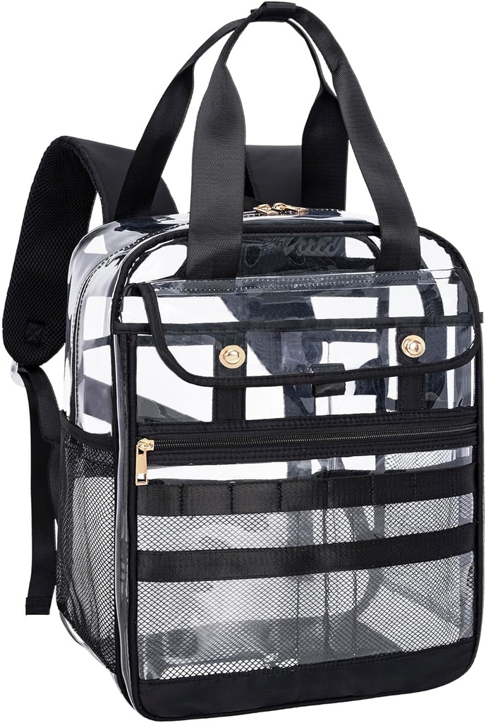 Sac à dos transparent en PVC transparent clair, grand multi-pochette pour le travail et le voyage (noir)