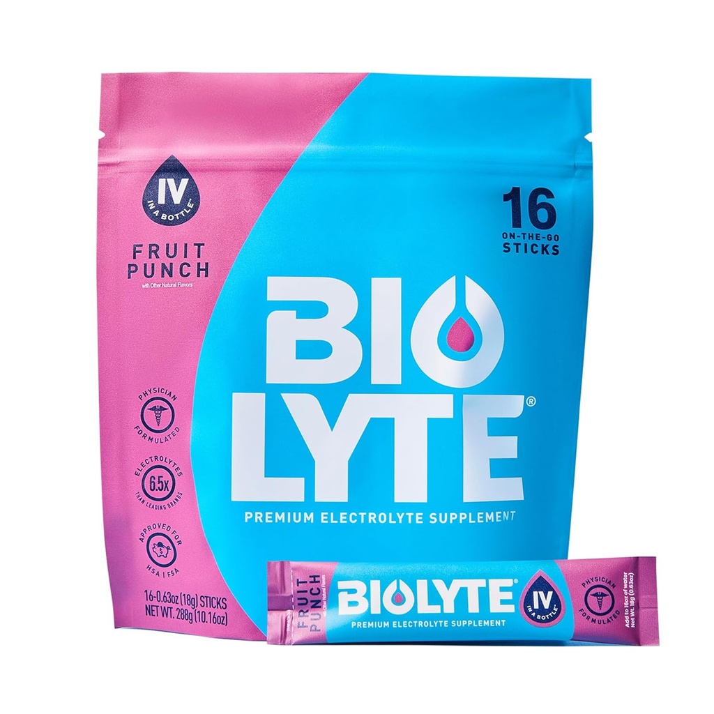 BIOLYTE IV Paquets de poudre d'électrolyte, IV Mélange de boisson liquide pour l'eau, Hydratation développée par le médecin, HSA & FSA approuvé Déshydratation, la chimiothérapie doit avoir pour les femmes, Men- Fruit Punch (16 bâtons)