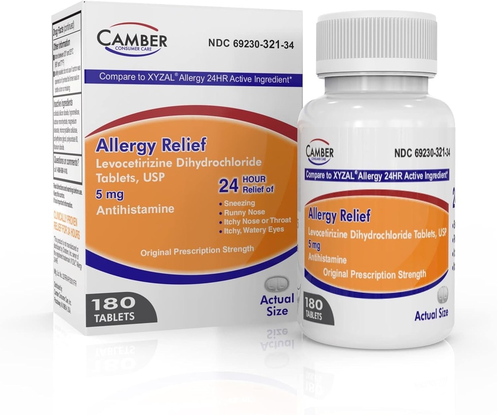 Camber Soins aux consommateurs Dichlorhydrate de Levocetirizine 5mg Comprimés antihistaminiques, Allergie Relief Medicine (180 Compte)