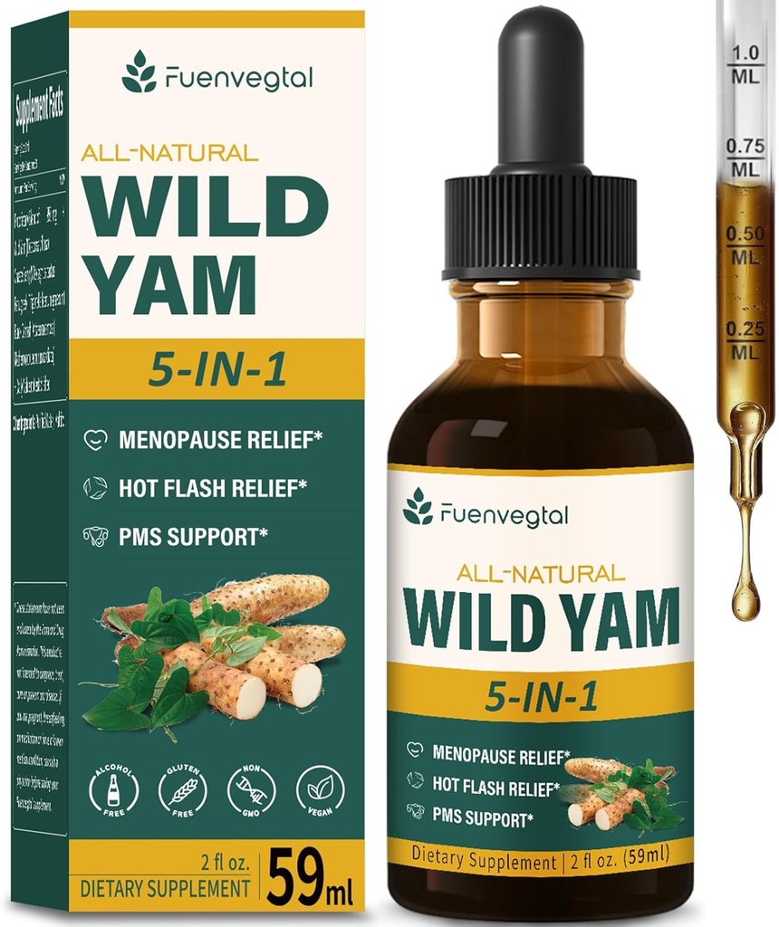Les gouttes d'extrait de racine de Yam sauvage, supplément pour femmes avec Fenugreek & Motherwort Herb pour Ménopause Relief & PMS Support. Fenogreco y Ñame Salvaje para la Menopausia. 2oz