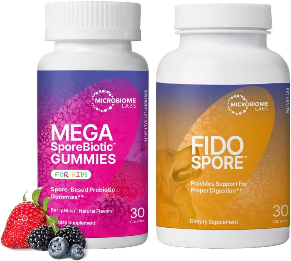 Microbiome Labs Enfants et animaux de compagnie - MegaSporeBiotique pour enfants + Probiotiques à base de spores FidoSpore pour chiens et chats