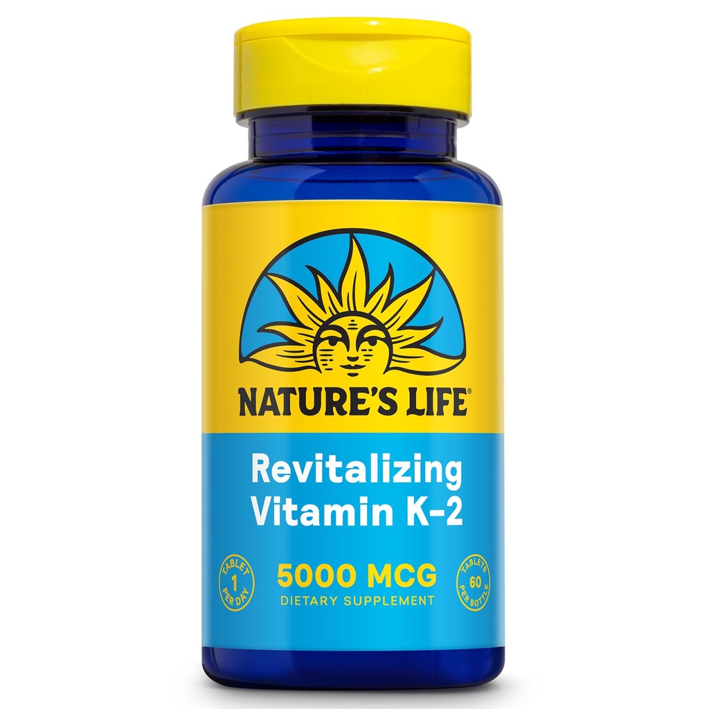 Nature's Life Revitalizing Vitamine K2 - Bone Health, Artery and Heart Health Support - Supplément de vitamine K à haute puissance sous forme de vitamine K2 MK4-60 jour garantie, laboratoire vérifié - 60 portions, 60 comprimés