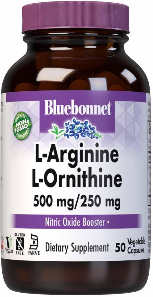 Bluebonnet Nutrition L-Arginine 500mg/L-Orinithine 250mg, soutient le métabolisme des protéines*, sans soja, sans gluten, sans OGM, certifié Kosher, végétalien, 50 capsules végétales, 50 portions