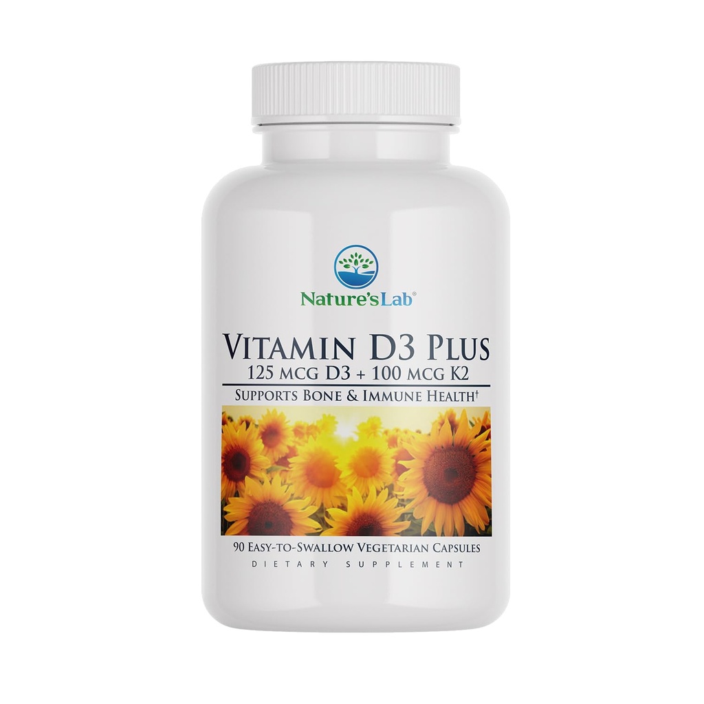 Nature's Lab Vitamine D3 Plus - Contient des vitamines D3 et K2 (MK7) pour le soutien immunitaire, les os sains et la santé cardiovasculaire* - Sans gluten, sans OGM - 90 capsules (3 mois d'approvisionnement)