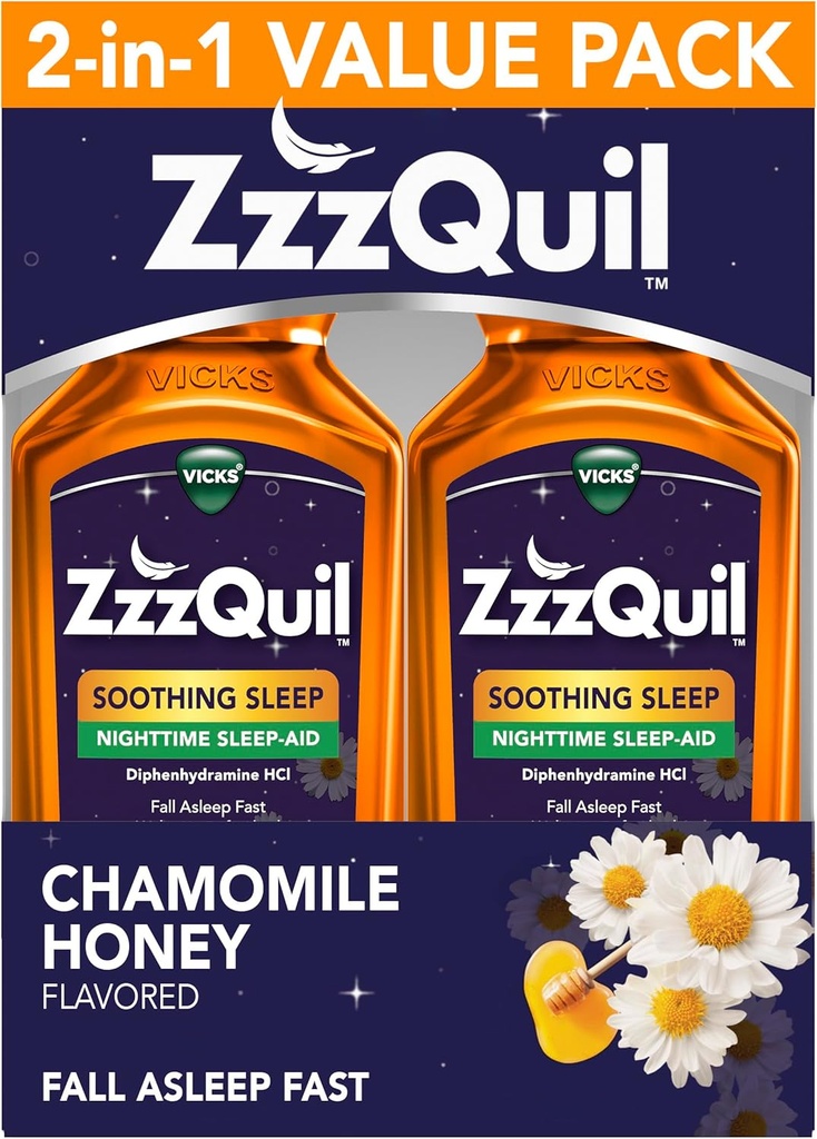 ZzzQuil Aide au sommeil liquide, Sommeil apaisant, Diphenhydramine 50mg HCl, Camomille Miel Aromatisé, Aide au sommeil de nuit liquide, Aide au sommeil pour les adultes, 2 Pack, 24 FL OZ