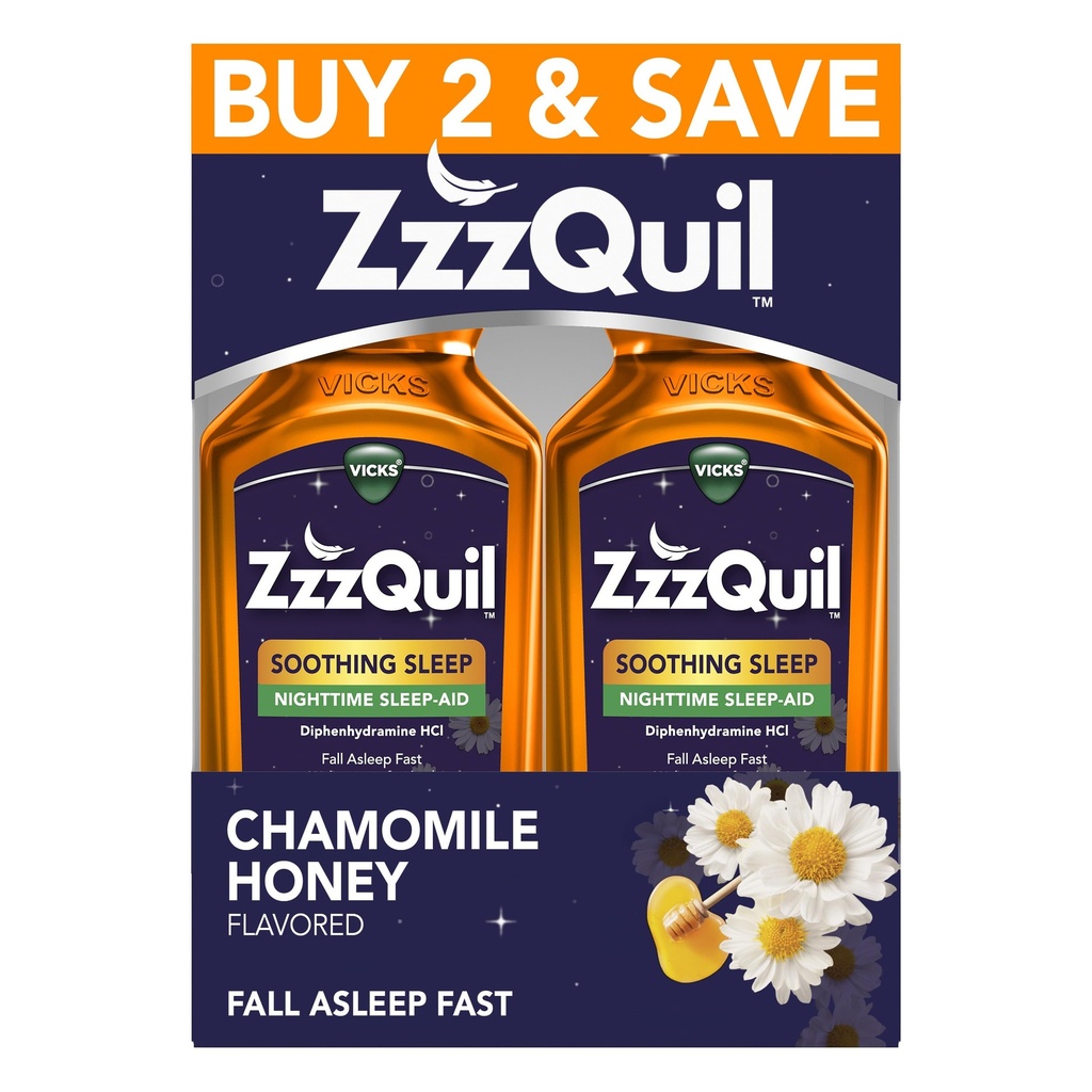 ZzzQuil Liquid Sleep Aid, Soothing Sleep, Diphenhydramine 50mg HCl, Chamomile Honey Flavored, Nighttime Sleep Aid Liquid, Sleep Aids for Adults, 2 Pack, 24 FL OZ