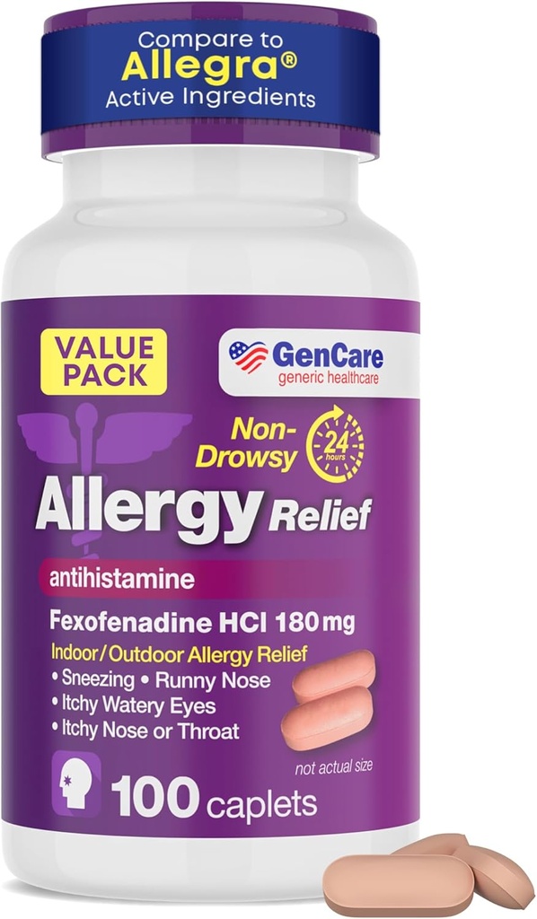 GenCare Allergy Relief Pills - Fexofenadine 180mg 24 heures Non-Drowsy Allergy Medicine Antihistamine, Comparer à Allegra 24 heures Non-Drowsy Pills pour les yeux démangeaisons, nez runny, ruches (100 comte)