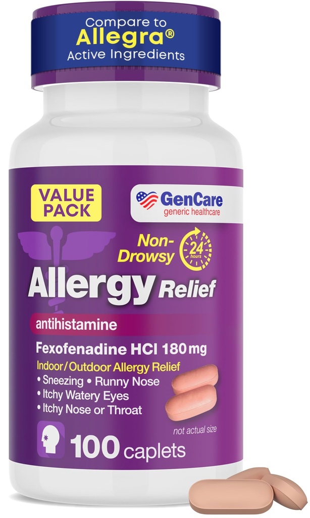 GenCare Allergy Relief Pills - Fexofenadine 180mg 24 heures Non-Drowsy Allergy Medicine Antihistamine, Comparer à Allegra 24 heures Non-Drowsy Pills pour les yeux démangeaisons, nez runny, ruches (100 comte)