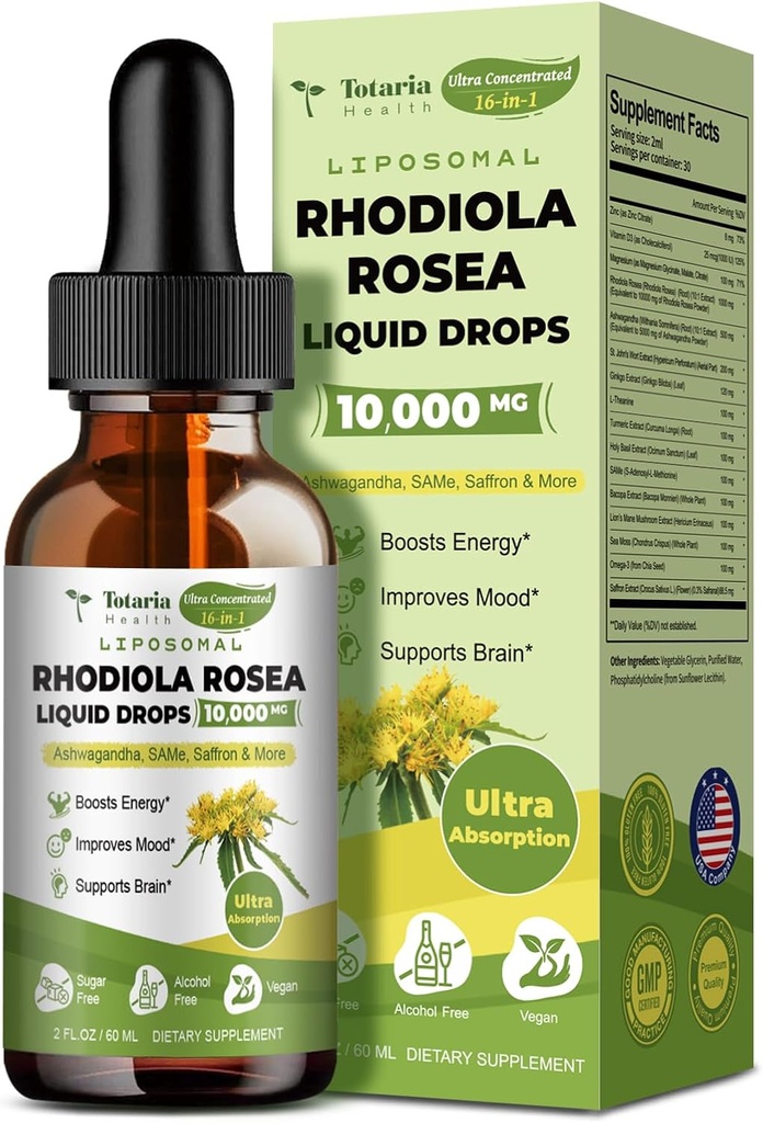 Totaria Liposomal Rhodiola Rosea Teinture 16 en 1, avec Ashwagandha, L-Theanine, Safran, Supplément de cortisol ultra-fort avec Rhodiola Rosea, Magnésium