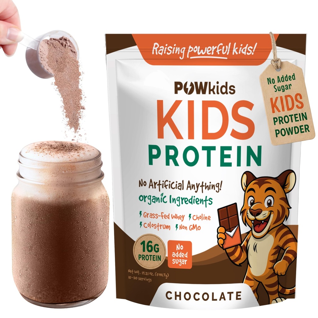 Poudre à agiter les protéines pour enfants 16g – Zéro sucre, ingrédients biologiques, protéines de lactosérum – Calcium et choline pour le développement des os et du cerveau, Secouer les protéines, 15-45 portions – Chocolat