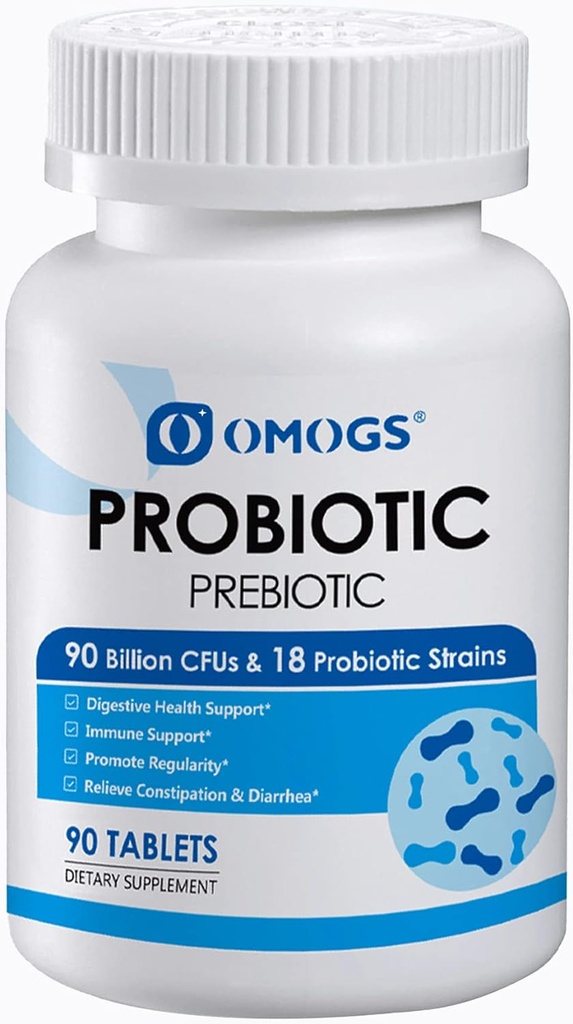 OMOGS Probiotiques 90 milliards CFU 18 souches, avec 3 prébiotiques organiques et vitamine C, supplément nutritionnel pour les femmes, les hommes et les enfants, soutenir le métabolisme, l'immunité et la santé digestive, non-OGM, 90 comprimés
