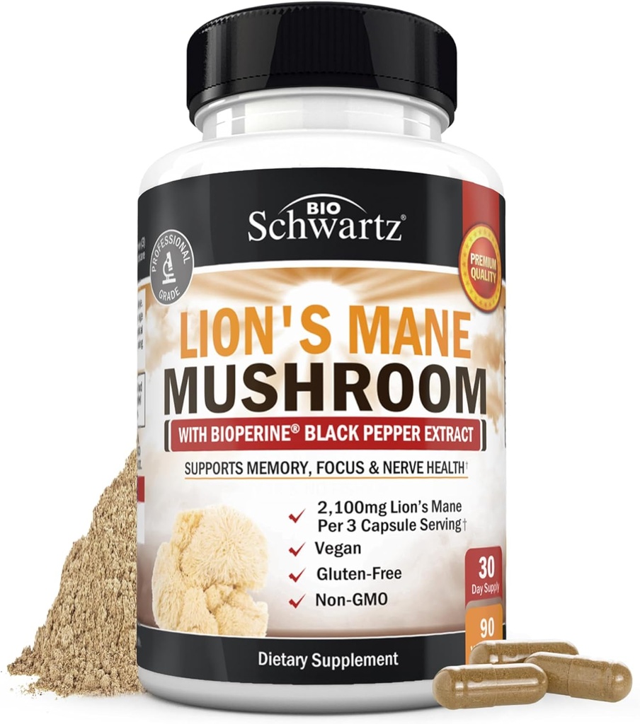 BioSchwartz Organic Lions Mane Supplément Capsules (90 Nombre) 2100mg Lions Mane Champignons avec BioPerine pour Absorption Max, Composé actif Vérifié, Suppléments Cerveau Nootropique pour Mémoire et Focus