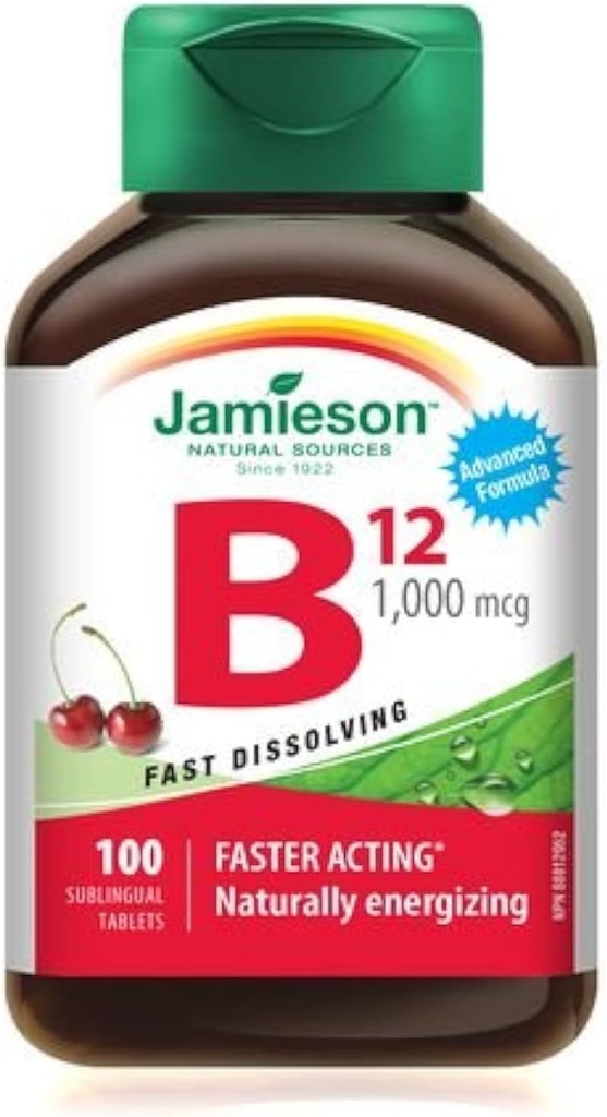 Jamieson Vitamine B12 méthylcobalamine Dissolution rapide Comprimés sublinguals, 1 000 μg, 100 comprimés sublinguals