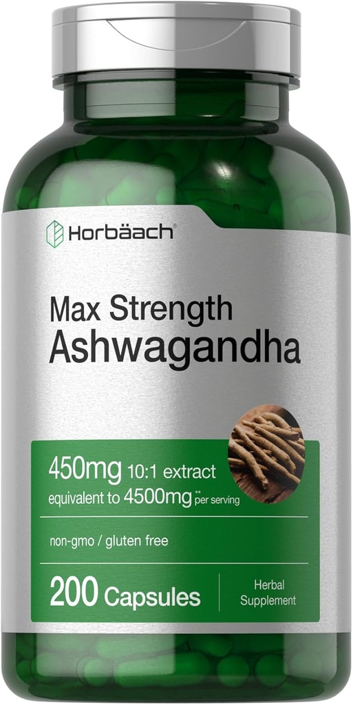 Supplément Horbäach Ashwagandha , 200 capsules Max Strength , pour les femmes et les hommes , sans gluten