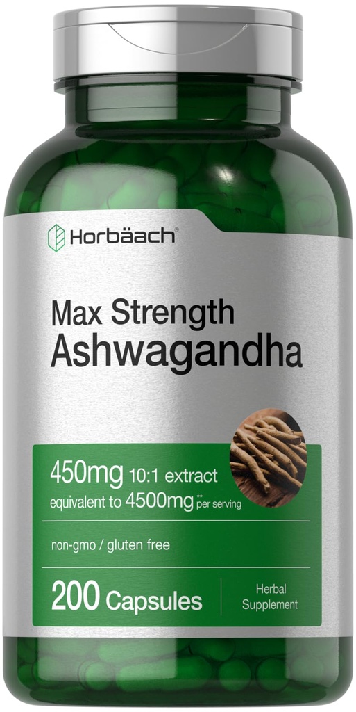 Supplément Horbäach Ashwagandha , 200 capsules Max Strength , pour les femmes et les hommes , sans gluten