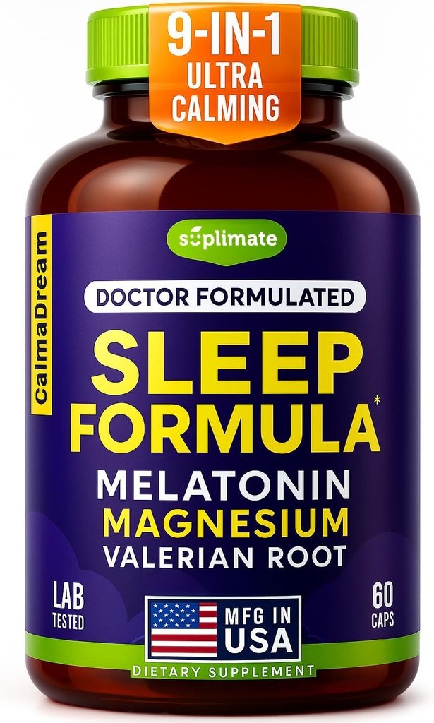 Aide au sommeil à la mélatonine 9-en-1 pour adultes - USA Made, Lab Testé avec la mélatonine 5mg et 108mg Magnésium pour le sommeil - TRAACS, Ashwagandha, racine valériane, GABA, 5HTP, supplément de sommeil à base de plantes, Vegan, 60 capsules