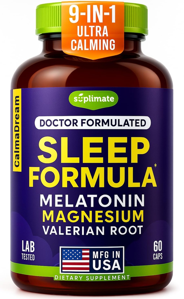 Aide au sommeil à la mélatonine 9-en-1 pour adultes - USA Made, Lab Testé avec la mélatonine 5mg et 108mg Magnésium pour le sommeil - TRAACS, Ashwagandha, racine valériane, GABA, 5HTP, supplément de sommeil à base de plantes, Vegan, 60 capsules