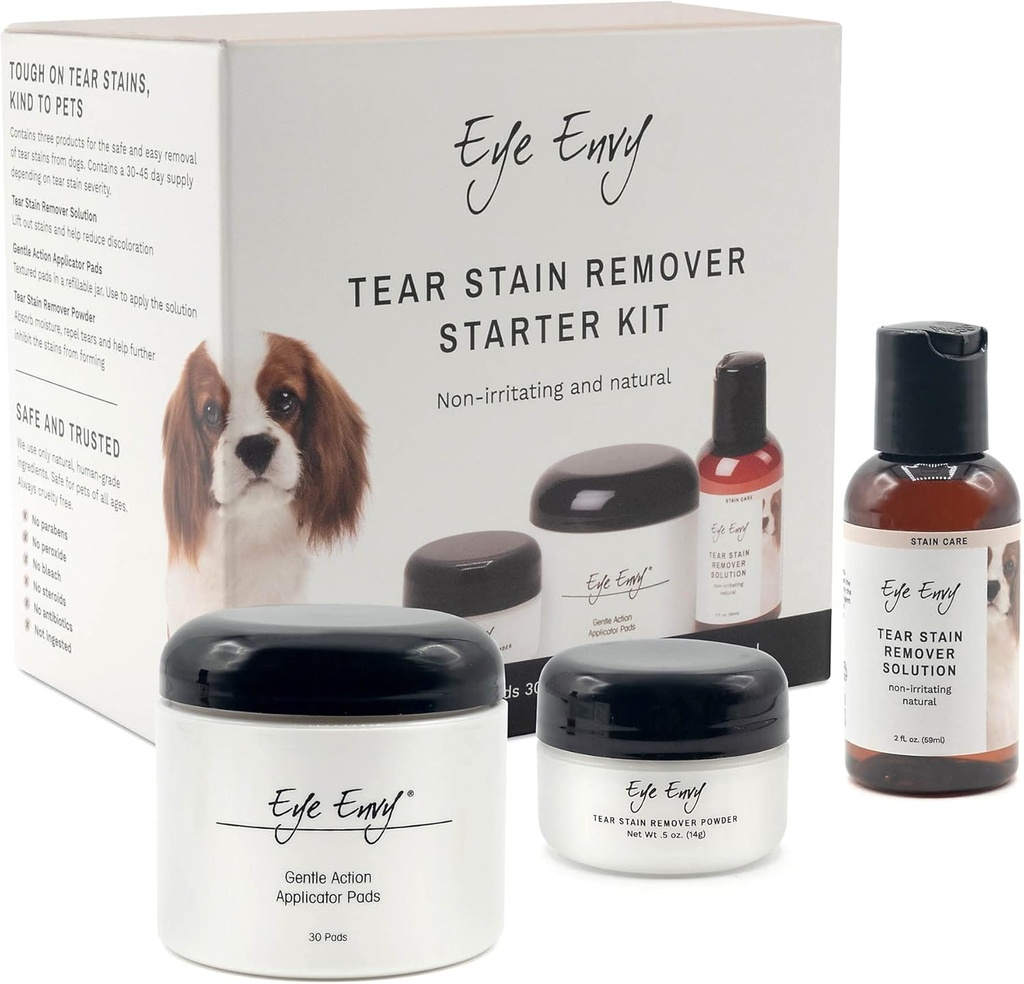 Eye Envy Dog Tear Stain Deleter Kit de démarrage. 100% naturel, sûr. Contient: Solution de tache, Pads d'applicateur, et poudre de tache. Fabriqué aux États-Unis