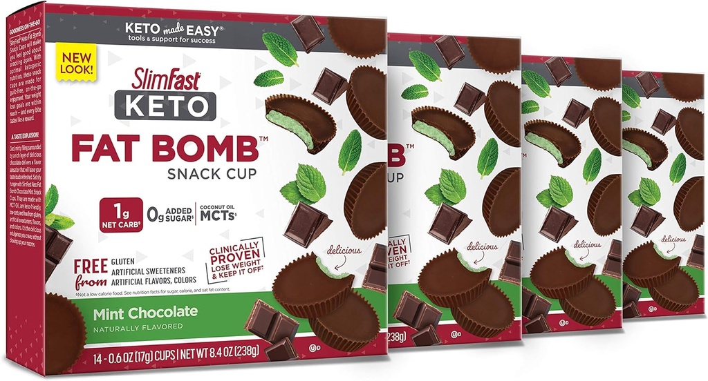 SlimFast Keto Fat Bomb Snack Cup, chocolat à la menthe, kéto collations pour perte de poids, faible glucides avec 0g de sucre ajouté, 14 Count Box (paquet de 4)