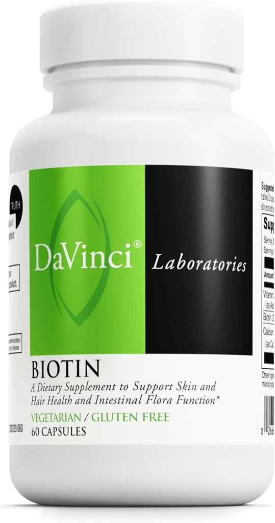 DAVINCI Labs Biotin - Soutient la santé de la peau et des cheveux, la fonction Flore intestinale* - Supplément alimentaire avec la vitamine C et le calcium comme carbonate de Ca - Végétarien - Sans gluten - 60 capsules