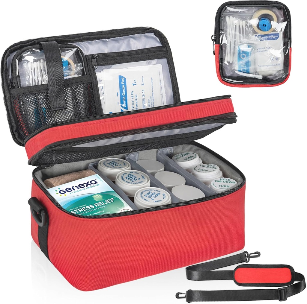 Sac organisateur de 2 couches avec poche portable, étui organisateur de bouteilles de pilules pour pilules, vitamine, huile de poisson, sac de stockage de médicaments verrouillables pour la maison et le voyage