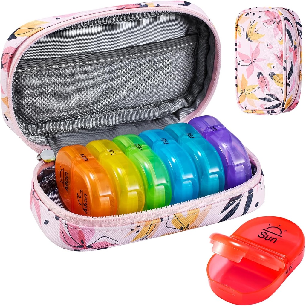 Serfeymi Weekly Pill Organizer 2 fois par jour AM PM Upgraded Rainbow Pill Box 7 Day with Portable Zipper Pill Case en cuir PU, Organisateur de médecine pour les pilules, les vitamines, les huiles de poisson - Rose 03