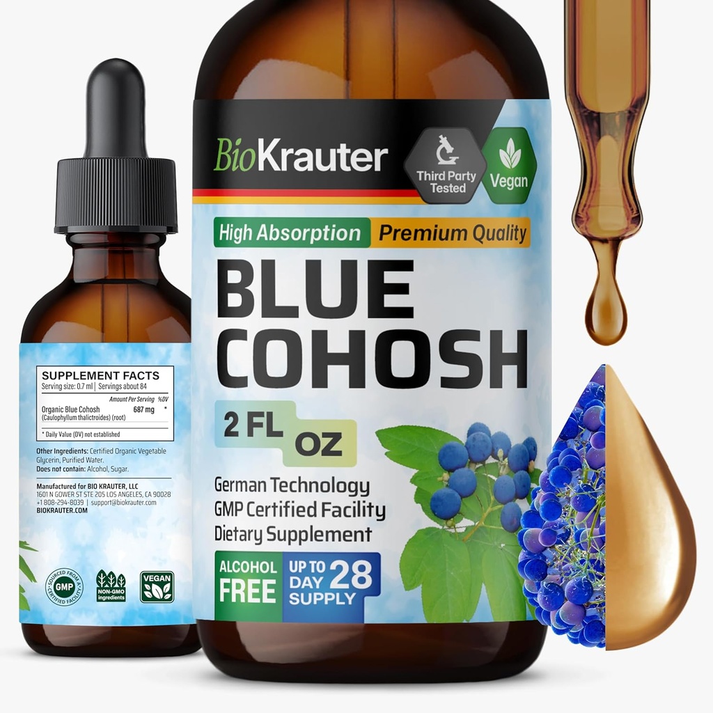 Suppléments pour la ménopause BIO KRAUTER® pour les femmes* - Teinture de Cohosh Bleu 2 Fl.Oz 28 jours d'approvisionnement - Extrait de Cohosh Bleu Vegan pour la ménopause - Sans alcool et sans sucre - Relaxation et bien-être des femmes