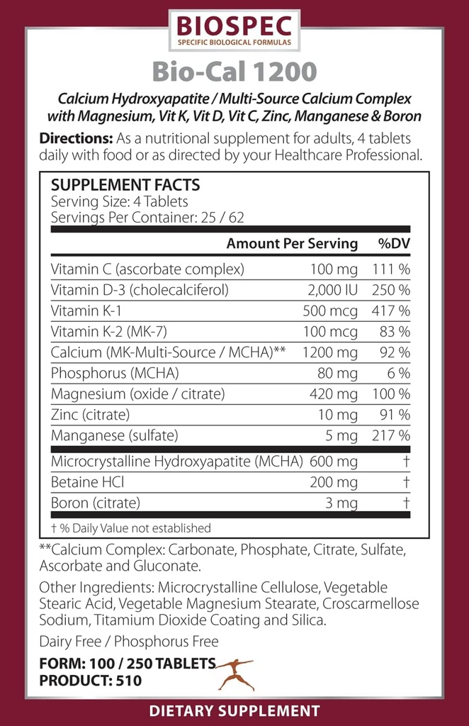 Bio-Cal 1200 – Complexe de soutien des os supérieur avec MCHA, vitamine D3, vitamine K2 (MK-7), magnésium, zinc et autres éléments nutritifs