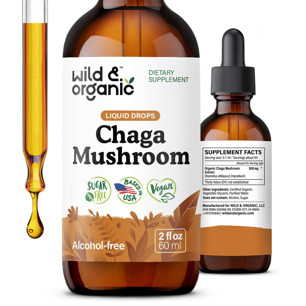 Teinture de champignons de Chaga sauvage et biologique - Support immunitaire avec extrait de champignons de Chaga liquide - Supplément gouttes d'immunité - végétalien, sans sucre et sans alcool - 2 fl oz
