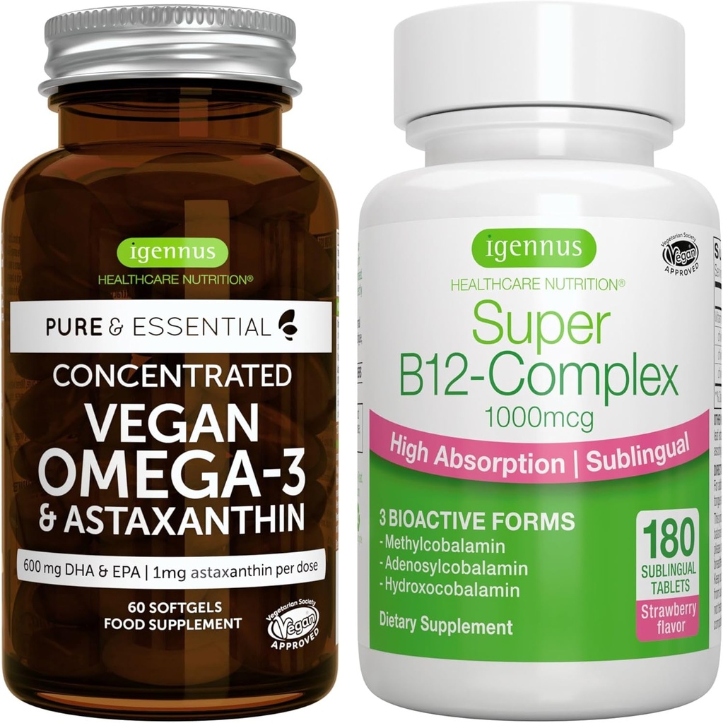 Vegan Omega-3 + Super B12-Complex 1000mcg Groupe végétalien, EPA durable & DHA Huile d'algues 1340mg + Haute absorption Vitamine sublinguale B12 avec méthylcobalamine, adénosylcobalamine et hydroxocobalamine, par I