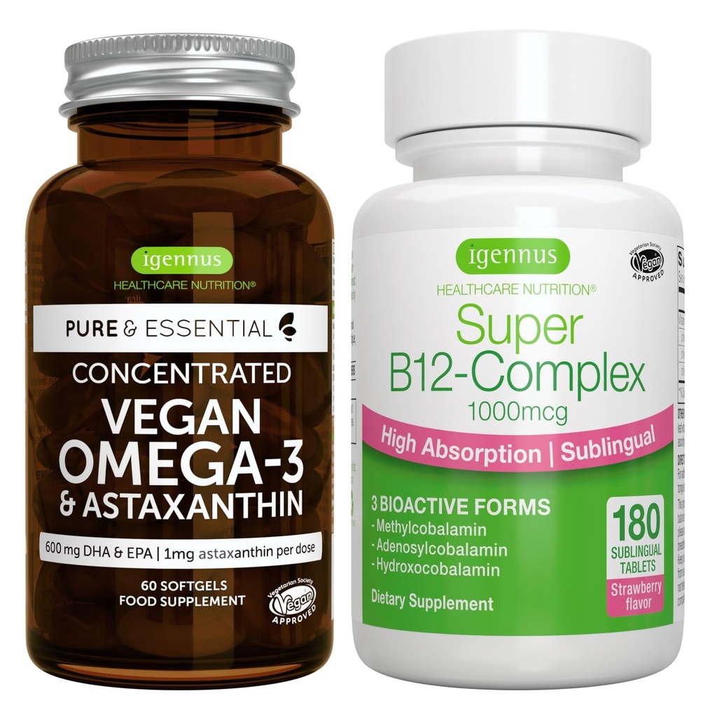 Vegan Omega-3 + Super B12-Complex 1000mcg Groupe végétalien, EPA durable & DHA Huile d'algues 1340mg + Haute absorption Vitamine sublinguale B12 avec méthylcobalamine, adénosylcobalamine et hydroxocobalamine, par I
