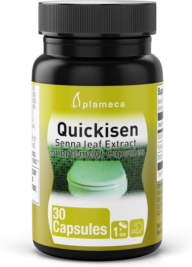 Plateca Quickisen Capsules laxatives, soulagement de la constipation occasionnelle, extrait de senna naturel, soutient la santé intestinale, supplément alimentaire sans gluten et sans lait, 30 capsules