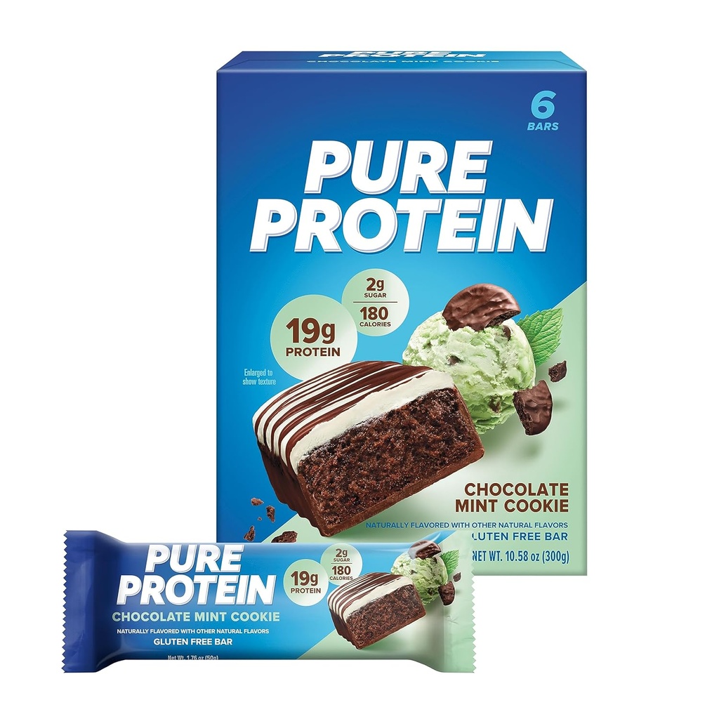 Barres de protéines pures, haute protéine, collations nutritives pour soutenir l'énergie, faible sucre, sans gluten, biscuits à la menthe de chocolat, 1,76oz, 6 pack