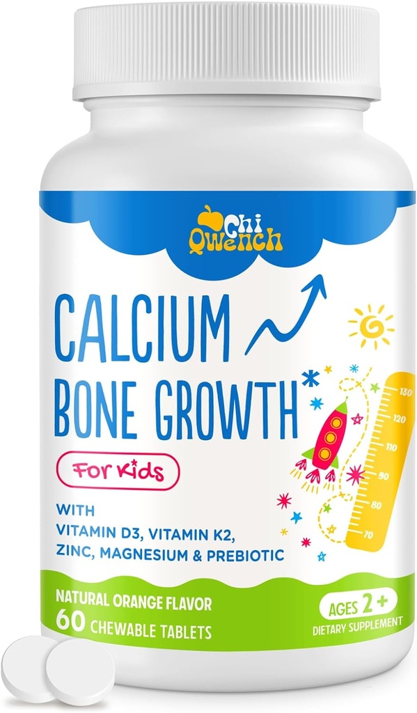 Supplément de calcium 500 MG avec vitamine D3 et K2, zinc, magnésium et prébiotiques. Vitamines pour enfants. Résistance aux os, absorption élevée, amandes orange, non OGM, sans gluten, 60 onglets
