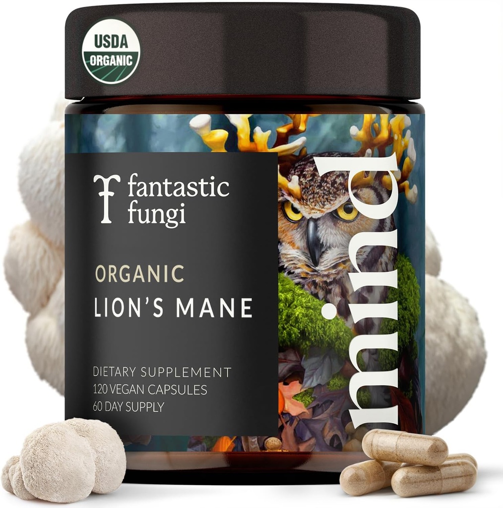 Lions Mane Supplément Capsules, Lion Mane Mushroom Supplément pour la mémoire, Focus & Mood support, Adaptogen Extrait de champignons fonctionnels - 100% USDA Organic, Vegan- Glass Jar, 120 capsules, 2 mois d'approvisionnement