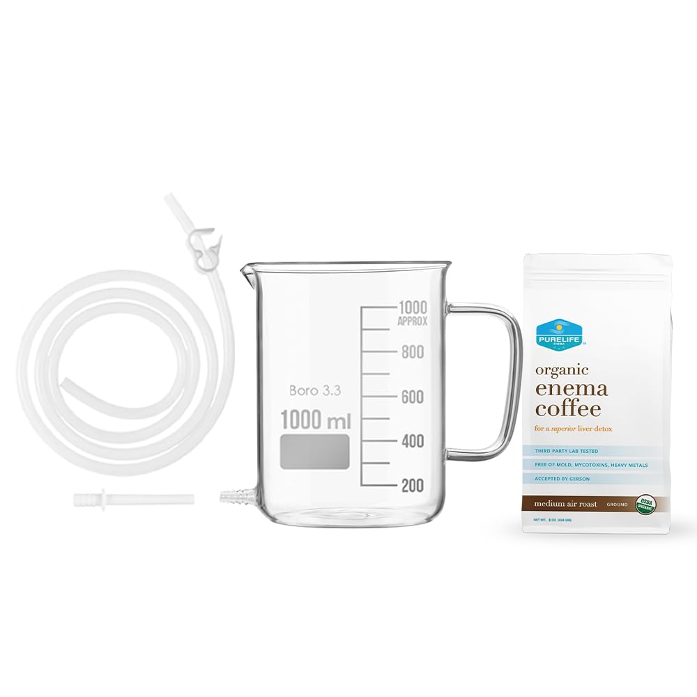 Purelife Coffee Laema Kit - 1 Qt Lavement de verre non toxique - pour le nettoyage des colonies - Lavements à domicile - Détox hépatique pour la thérapie Gerson - 1/2 Lb Coffee de lavement biologique - Testé en laboratoire