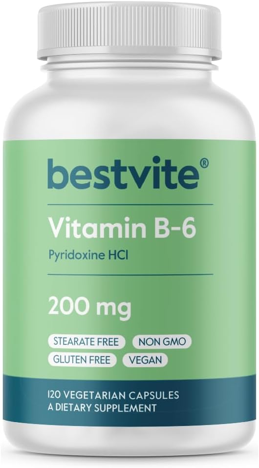 BESTVITE Vitamin B-6 200mg (120 Vegetarian Capsules) - No Stearates - No Flow Agents - Vegan - Non GMO - Gluten Free