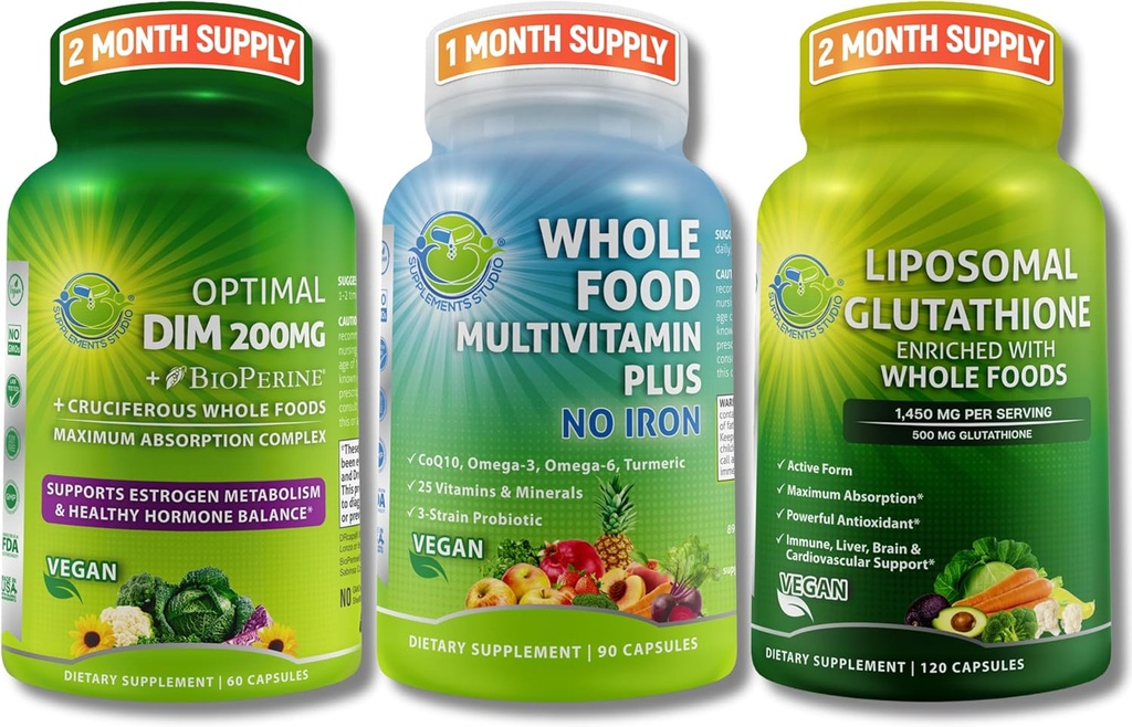 Vegan Hormone Balance, Immune Support & Antioxidant Support for Men & Women – Whole Food Multivitamin Without Iron + Liposomal Glutathione 500mg + Optimal DIM 200mg – Non-GMO, Clean Wellness Support