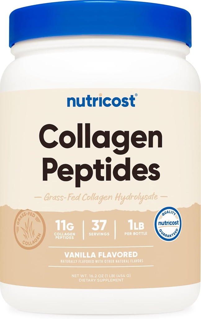 Poudre de peptides de collagène de Nutricost 1LB (454 G) (Vanilla) - Hydrolysat de collagène de viande bovine d'herbe