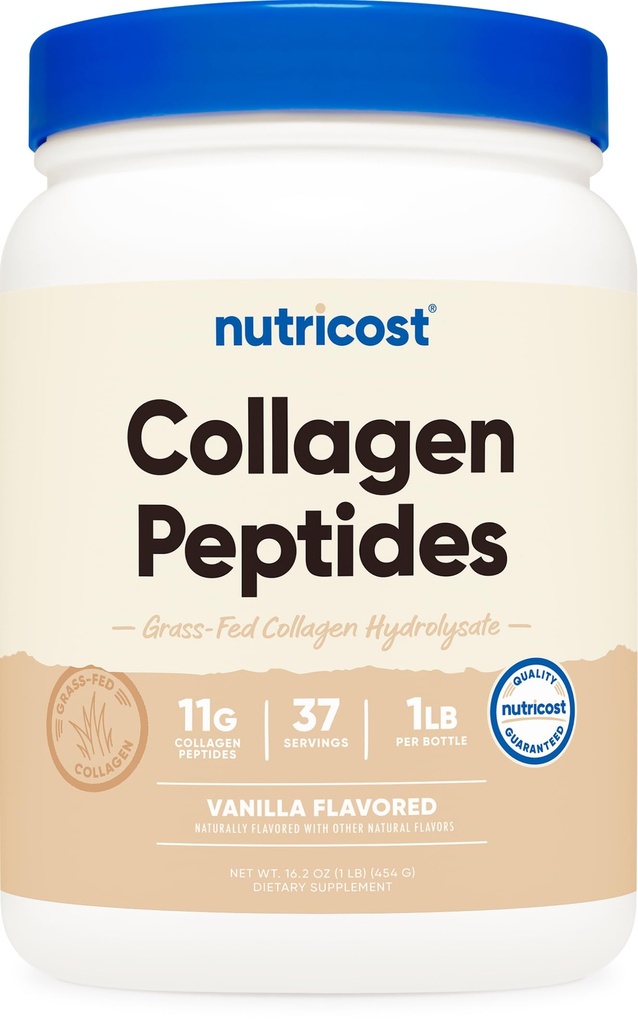 Poudre de peptides de collagène de Nutricost 1LB (454 G) (Vanilla) - Hydrolysat de collagène de viande bovine d'herbe
