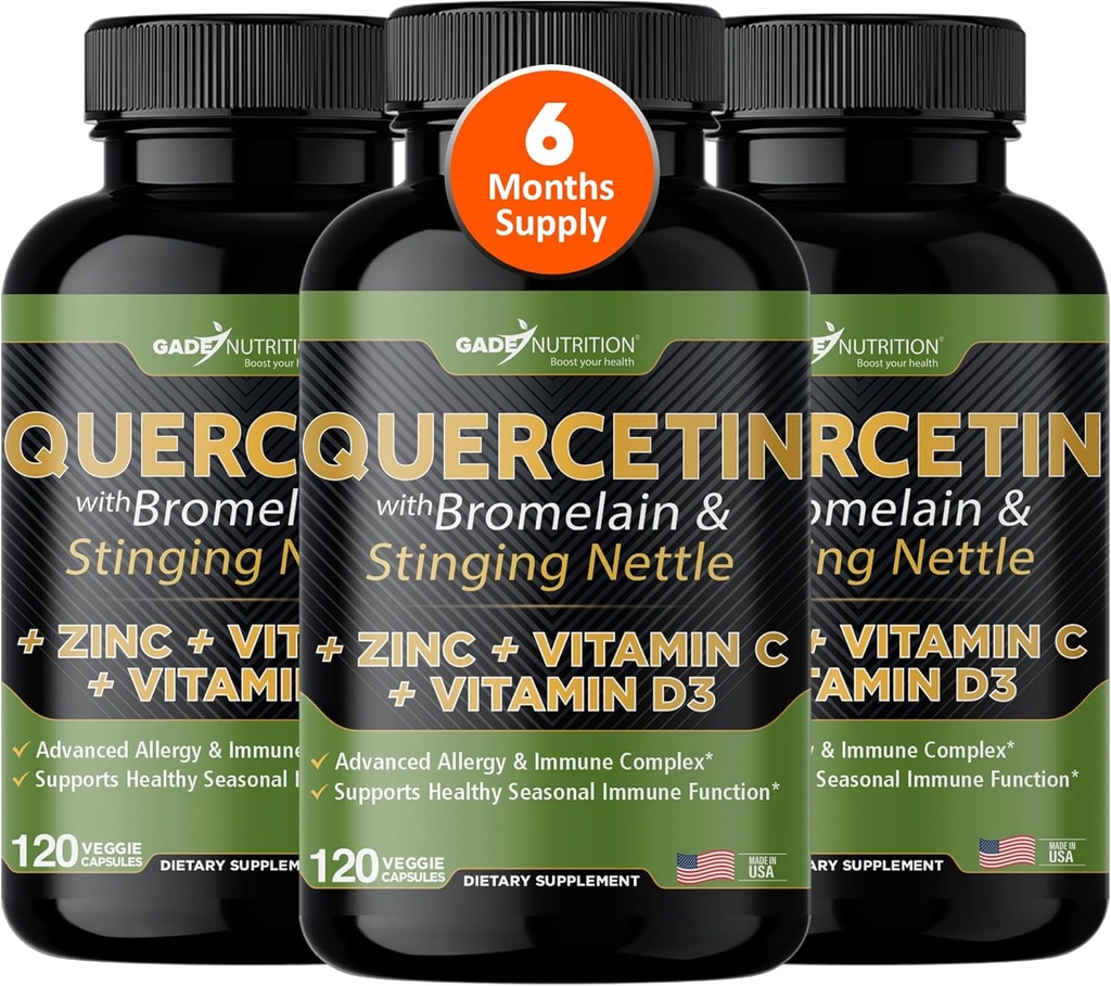 Gade Nutrition Quercetin à la vitamine C, au zinc et aux nerfs - Nettle Quercetin - Quercetin 500mg - Quercetin à la bromelaine - Quercetin au zinc + Vitamine D3-360 Bouchons de légumes - 6 mois