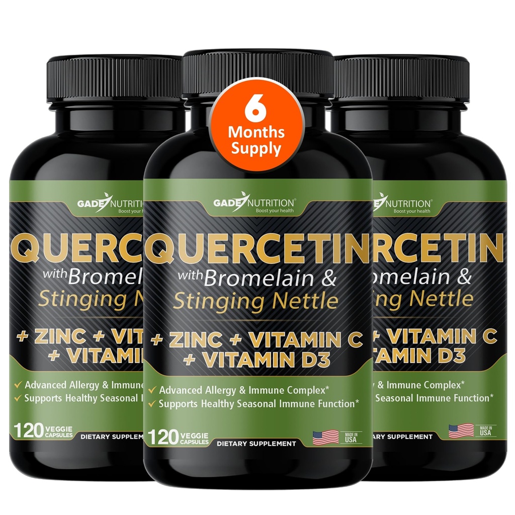 Gade Nutrition Quercetin à la vitamine C, au zinc et aux nerfs - Nettle Quercetin - Quercetin 500mg - Quercetin à la bromelaine - Quercetin au zinc + Vitamine D3-360 Bouchons de légumes - 6 mois