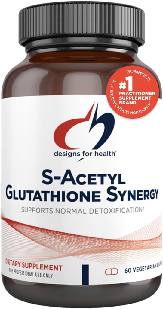 Designs for Health S-acétyl Glutathion Synergy - 200 mg S-A-GSH avec NAC + Vitamine B6 - Supplément anti-OGM pour aider à soutenir la désintoxication normale (60 capsules)