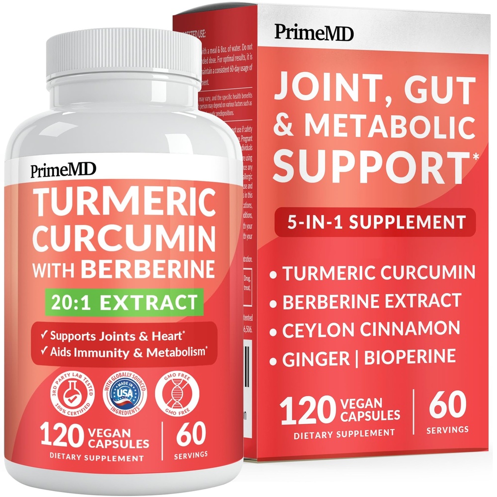 Supplément curcumin curcumin 5-en-1 avec Berberine, Ceylan Cinnamon Bioperine et Ginger pour support articulaire, Cœur, Gut et métabolique (120 ct)